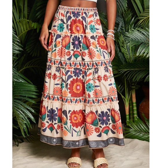 Boho Multicolor Stretchy High Waist Maxi Skirt - Picture 4 of 4